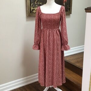 Red Floral Long Sleeve Boho Dress